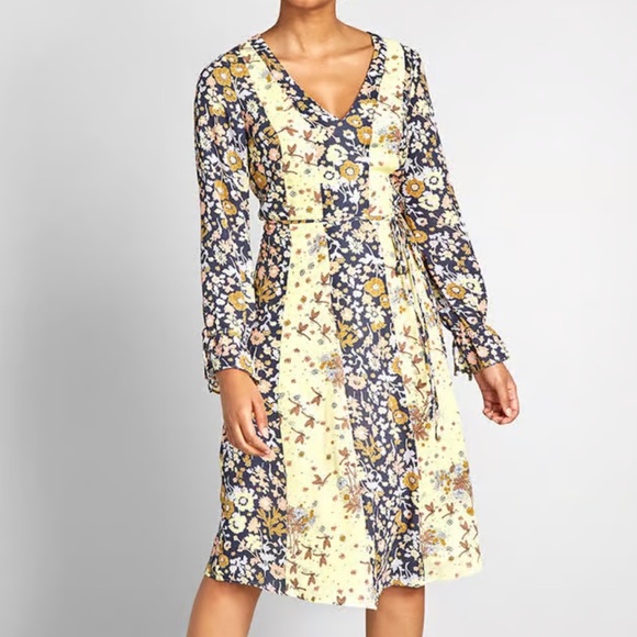 New ModCloth Unique Persona Midi Dress Yellow Navy Floral - Picture 1 of 8